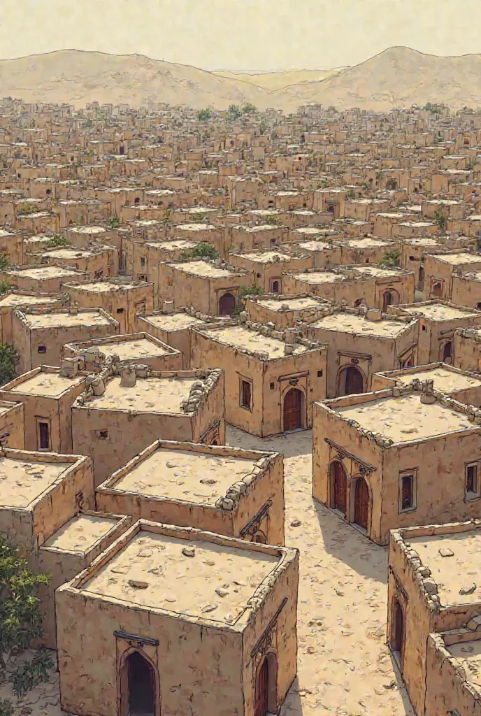 A two-dimensional comic drawing of the houses of an ancient historical Islamic city and the houses are simple, not tall and without domes