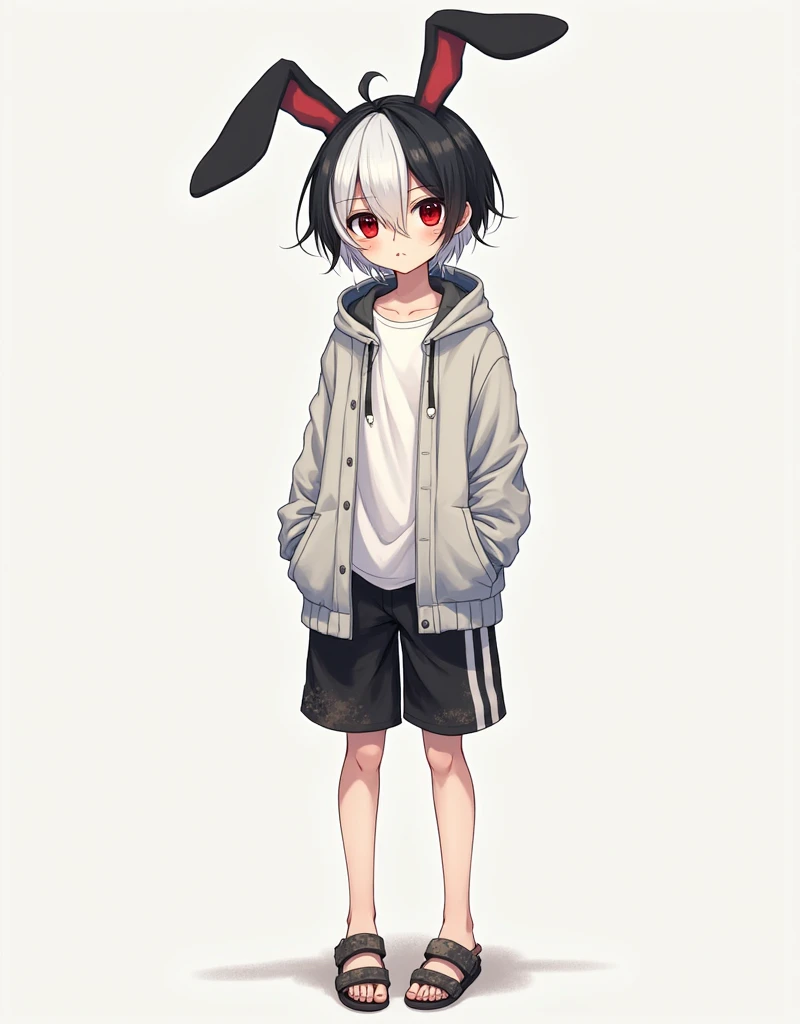  A 16-year-old anime boy with half-white black hair and red eyes wore a white hoodie with a gray hoodie while wearing a hoodie., White T-shirt inside,  , black shorts with white stripes and a pair of sandals , I'm wearing a hoodie, the shorts are dusty at ...