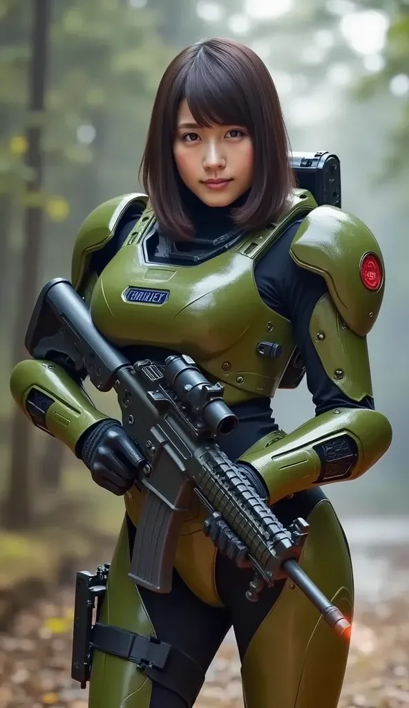 (( short bob cut hair  ))、 full body,   beautiful, Heavily armed,   and is wearing a heavy armored suit in a combat spaceship , BATTLE FORM   , Showing a Strong Face,    (((Fire a machine gun, one of her high performance weapons))) 、  Female Soldier with A...