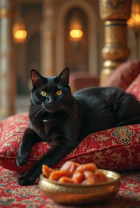 A sleek black cat with glowing green eyes lounges atop a pile of silk cushions in an opulent Arabian palace. Rich carpets and golden lanterns surround him, while servants and nobles pass by, giving him unspoken respect. He stretches lazily, completely indi...