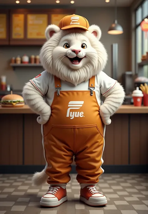 photorealistic full body portrait of Dressed animals - a ((fat)) (baby white lion) fast food worker,(art by Giuseppe Arcimboldo),(happy smile:1.5),(furry), high quality,(lovely) hands on hips,, (Wearing fast food shop uniform) , (wearing apron and shirt wi...