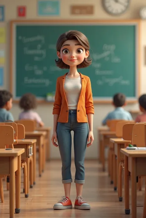 "Inside a 3D-rendered classroom, a teacher with an amused yet firm demeanor."