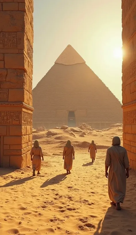 pov ancient Egypt, in a vast desert of golden sand. In front of you, a colossal pyramid, with its ancient stone walls reflecting intense sunlight.  The sky is clear and cloudless , and you can see hieroglyphics carved on the stones of the pyramid. around, ...