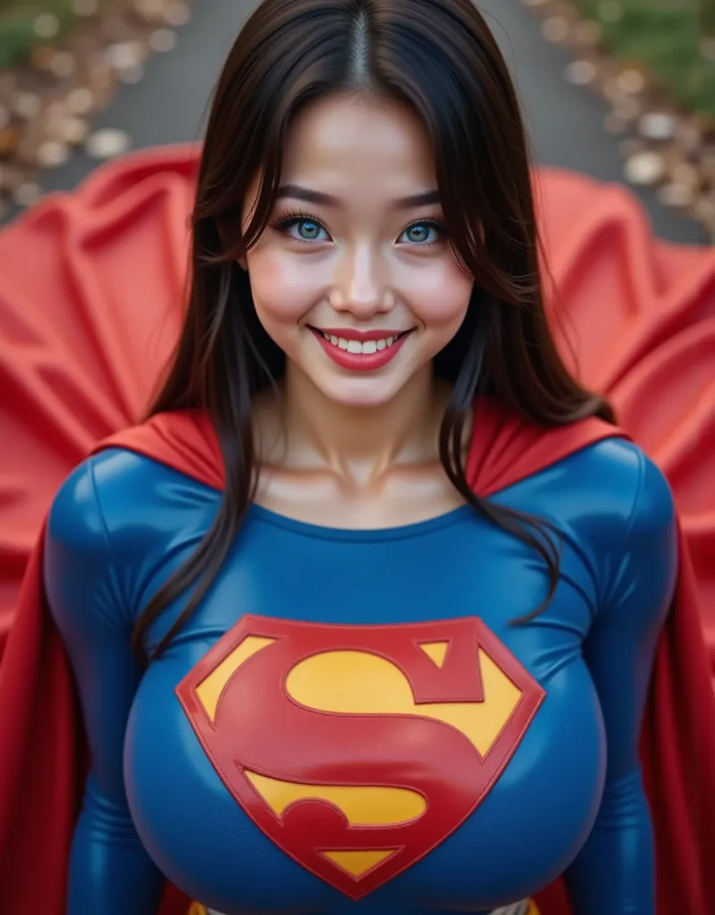 (FULL TOP DOWN POV) **"A stunning, highly detailed, and ultra-realistic portrait of a INNOCENT BLUE EYED 17-year-old Thai GIRL, proudly wearing the iconic RETRO 1980 SUPERMAN costume with a glossy latex/vinyl finish. The vibrant royal blue bodysuit shimmer...