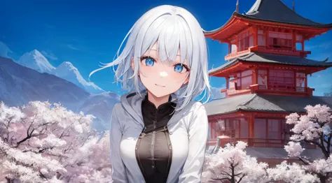  white hoodie、black shirt、Ultra HD,watch viewers, and, 20 years old, 非常にshort hair,  long bangs between eyes ,  pale blue eyes, very detailed,(masterpiece、Highest quality),Gray Hair、Laughter、amazing,  Silver Hair,  iris, Small face、明るいsmile、(detailed face)...