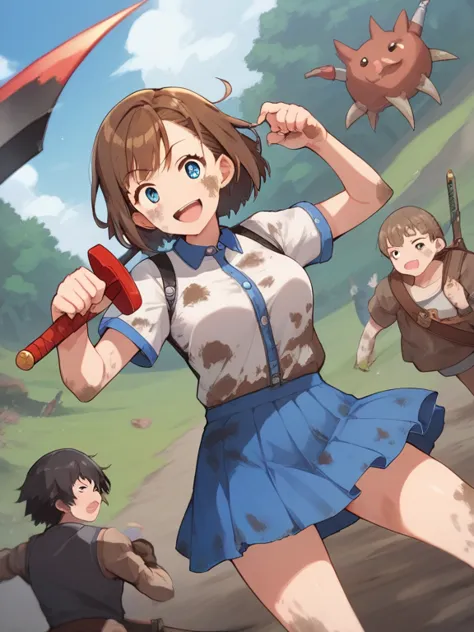  score_9,   score_8_up,   score_7_up,   score_6,   score_5_up,   score_4_up， anime break，nsfw，uncorrected，absurd, ５age,  Low， body type，Kindergarten Mom Outfit, blue smock,  dark blue skirt ,  cute, Sword and Shield,    Chambala, Fighting Girls  ,    muddy...