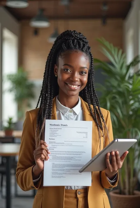 "A young black professional, with a modern and creative style, holding a resume in one hand and a tablet in the other. She is in a coworking environment, with plants and contemporary decoration in the background. Realistic details such as the texture of th...