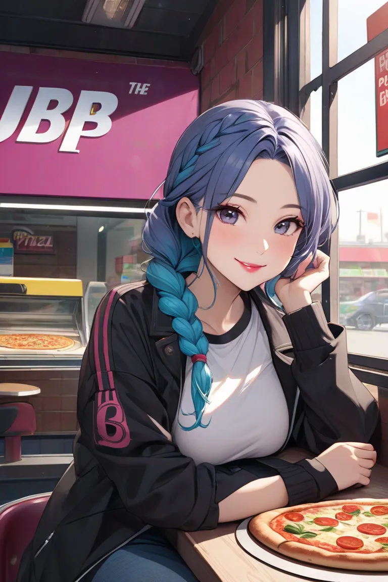 ((best quality)), ((masterpiece) (extremely detailed) an extremely beautiful, gorgeous ,curvy, petite  with her hair of semi deep blue braids from the top with luminous green ends ,she sited beside a large pizza place window with a very messy table,she smi...