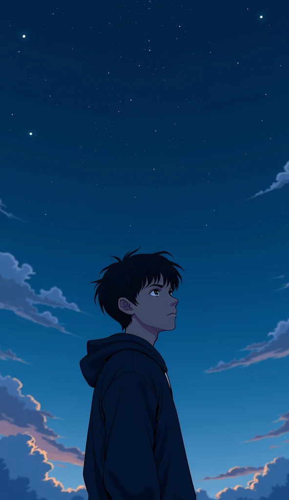 On a clear night, A young man named Jay with wavy hair looked at the sky with a serious look wearing a black sweatshirt and a dark blue shirt. 