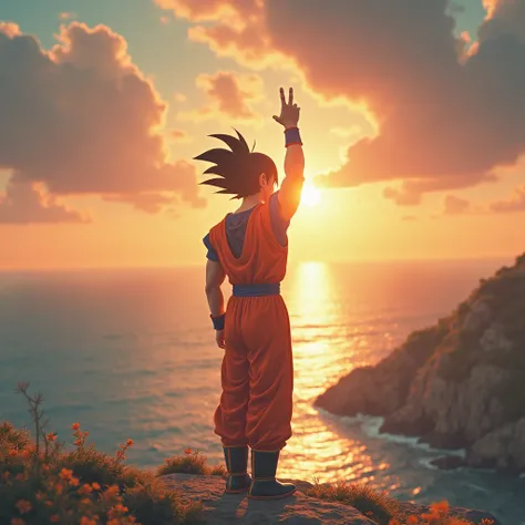 Son Goku in real life, looking up and making a goodbye gesture with her hand, You can see an image of Akira Toriyama, Peace is transmitted, And in the background the sea with a beautiful sunrise