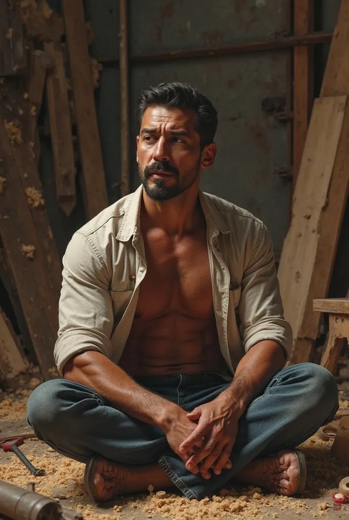 30-year-old Latino carpenter sitting on the floor with his legs crossed and his shirt fully open 