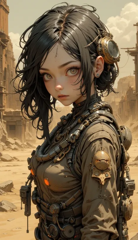 Very realistic 、High Quality Textures { x}  beautiful and delicate eyes、high image quality、Top Quality、exhaustive、 Tim Burton Style、add cyberpunk elements to the Mad Max worldview、Draw a young woman、ruined future city like a ghost、Desertification、 Violence...