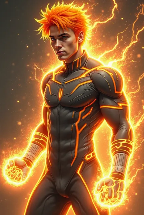  a young man with an athletic build , wrapped in an intense aura of orange energy that emanates from his body in the form of electric sparks and fluctuating flashes. His hair is messy, with sharp tips of a vibrant bright orange shade, reinforcing the sense...