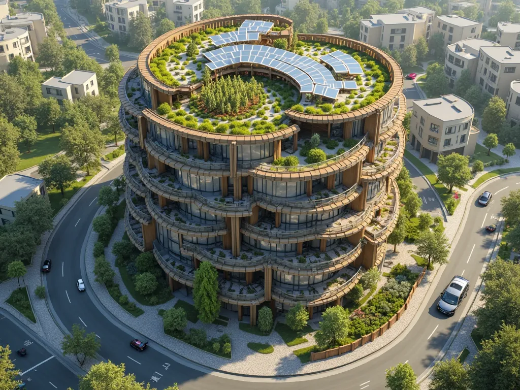 "Create an aerial view of a public housing project with a unique, spiral design that incorporates a few green spaces and a community garden. The building should have a facade made of a combination of glass, steel, and wood, and a rooftop garden with a few ...