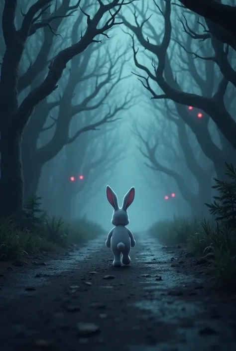 A highly detailed 3D-style cartoon scene set on the same dark and eerie forest road. The background remains consistent, featuring mist, glowing red eyes in the shadows, and twisted trees, creating a suspenseful atmosphere. A white rabbit is walking alone d...