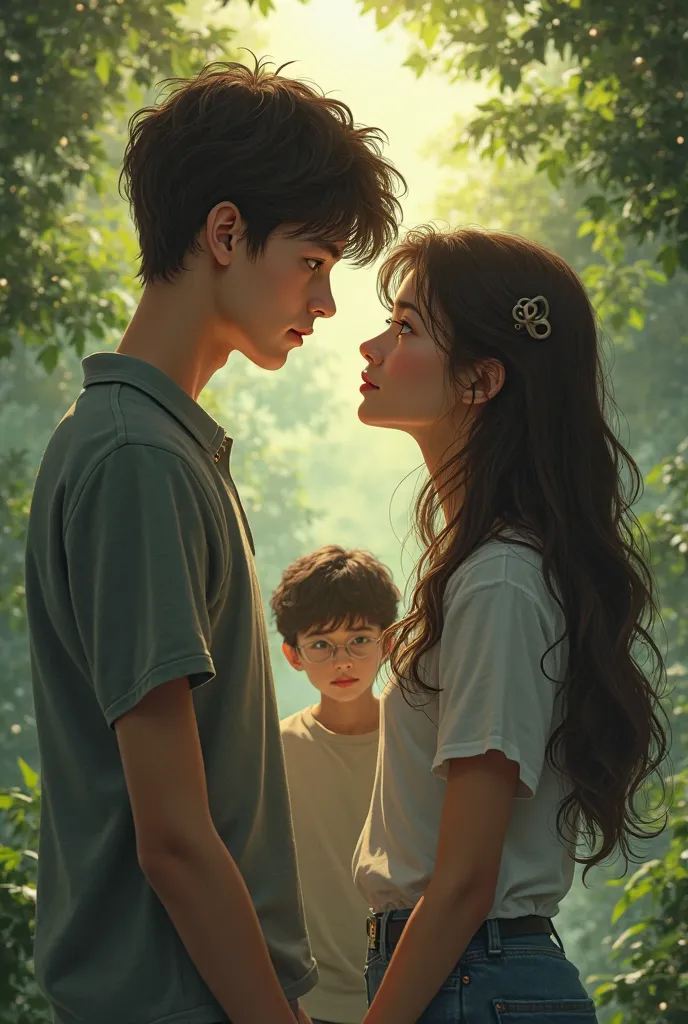 Three agers , The woman is in love with the boy, But another boy with glasses sees him from behind with a serious face because he didn't like to see her with another 