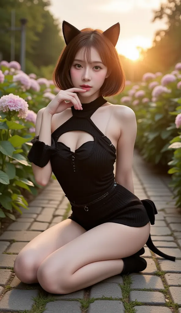 ((Picture of a girl sitting、Sitting flat photo、solo、posing on all fours、 beauty、One-sided short bob hair with beautiful black hair over one ear、Cat ears、 Beautiful Butts 、 perfect style with both legs、One hand on the ground、The gesture of putting a hand at...