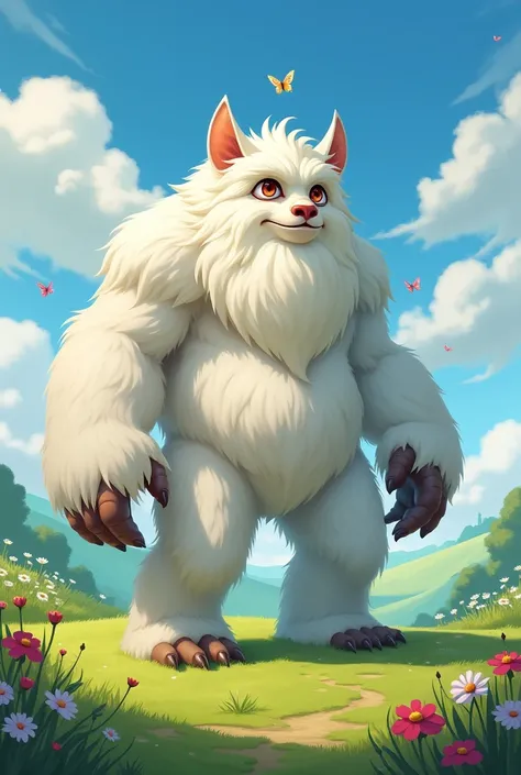 Character similar to Nunu and Willump from League of Legends with a more anime style, And let it be a beast like a yeti, pasture