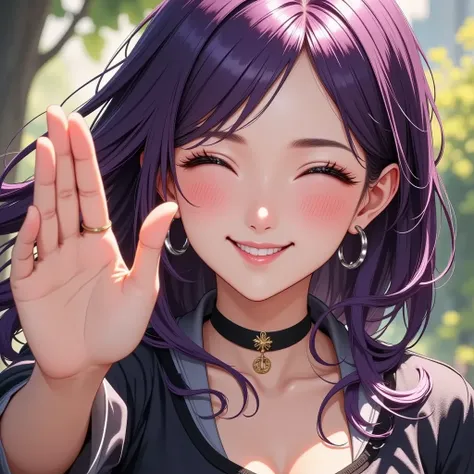 beautiful woman　Laugh with 2 friends　2 people give high fives
I'm delighted　I have purple semi-long hair　my friend has brown hair
I have 1 friend　laugh and look happy　 beauty　pretty
Jump up and give a high five　Add both of them to the image