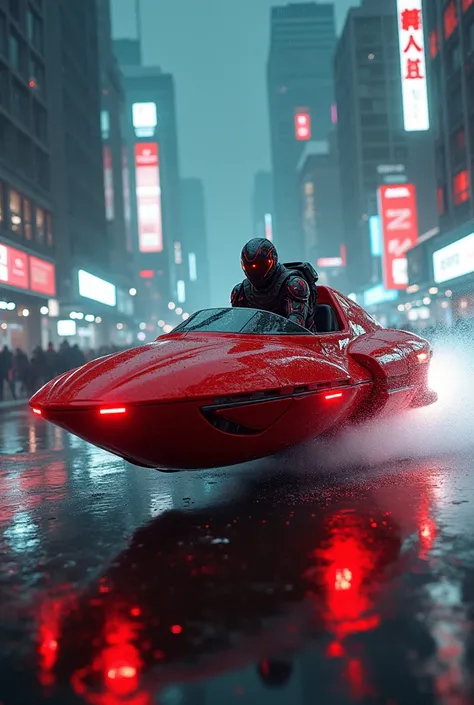 A futuristic red hover vehicle speeding through a neon-lit cyberpunk city at night, driven by a high-tech armored pilot with a glowing helmet, rainy atmosphere, dynamic motion blur, ultra-detailed, 4K resolution, sci-fi aesthetic.