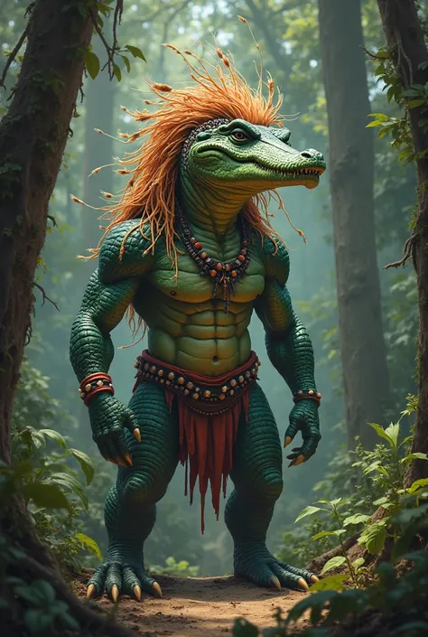 A humanoid crocodile with hair 