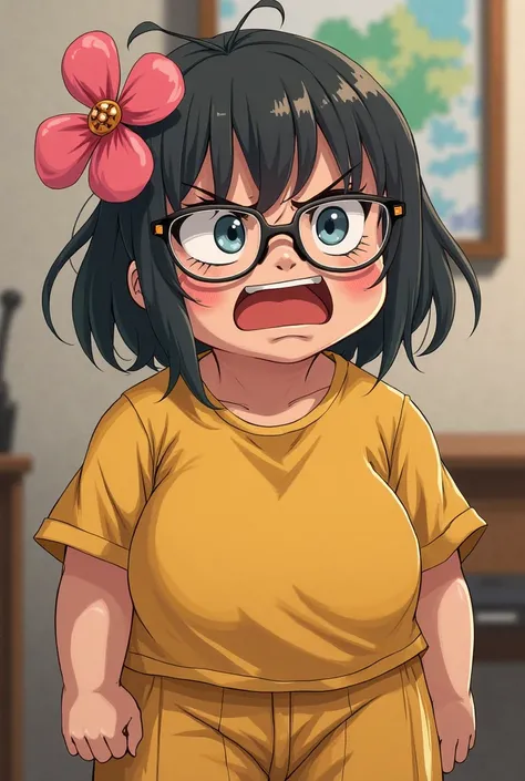 A girl angry with glasses and chubby she's clothes is dark yellow with same pants and there's line in her clothes she is using t shirt and her hhair is with a pink flowerclamp 