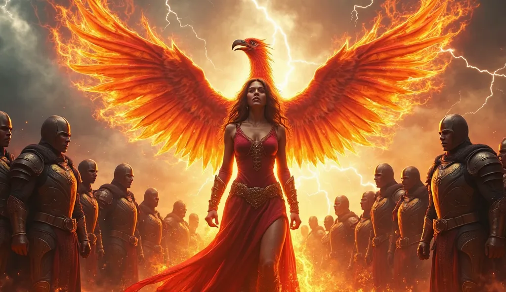 A powerful woman standing tall, surrounded by a group of fierce warriors in battle armor. The woman is enveloped in blazing fire, with flames swirling around her body, symbolizing unstoppable strength and intense passion. Behind her, a majestic phoenix ris...