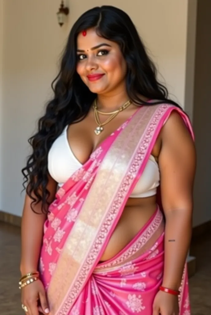 a beautiful fair skin Indian keralite Chubby curvy plus size indian women with fleshy arms, wide belly, (Flesh fold in waist) long black hairs, sexy fleshy breast cleavage ,wearing white bra, and pink white design saree