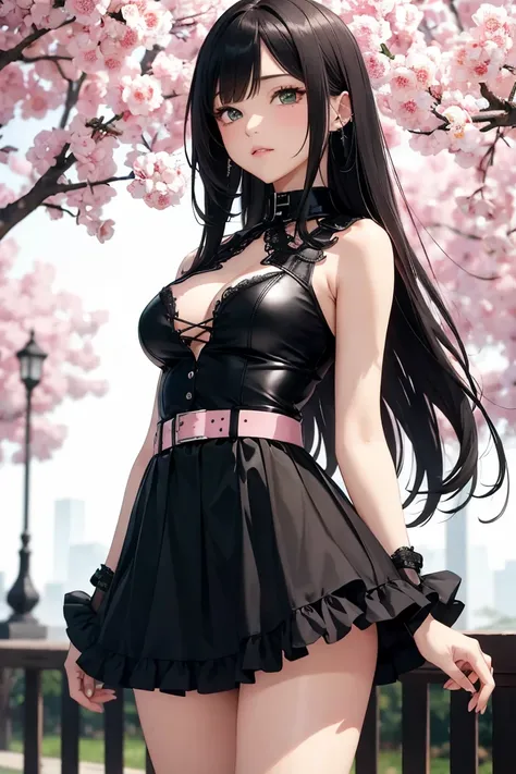 masterpiece++, best quality++, ultra-detailed+, extremely detailed++, 4K, 8K+, best quality, beautiful+, anime style,1person,full body image,autumn,park,black simple lacefrill slipdress,tight leather belt,beautiful straight bronde hair,beautiful green eyes...