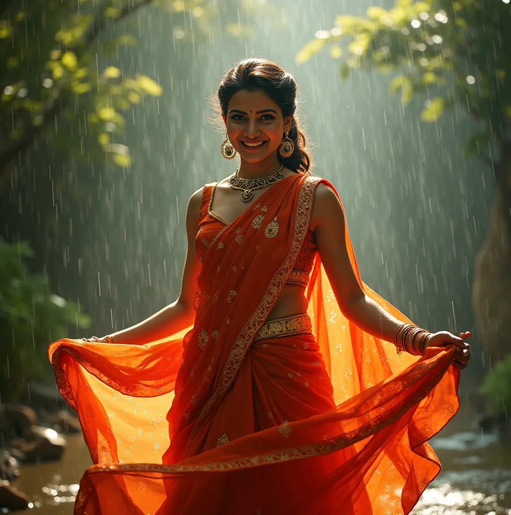 Cute smile 🥰 Beautiful Saree Traditional Queen Realistic Fantasy Infinity  Ai Of Samantha Ruth woman, bright face Wet saree danceing in rain 🌧️☔