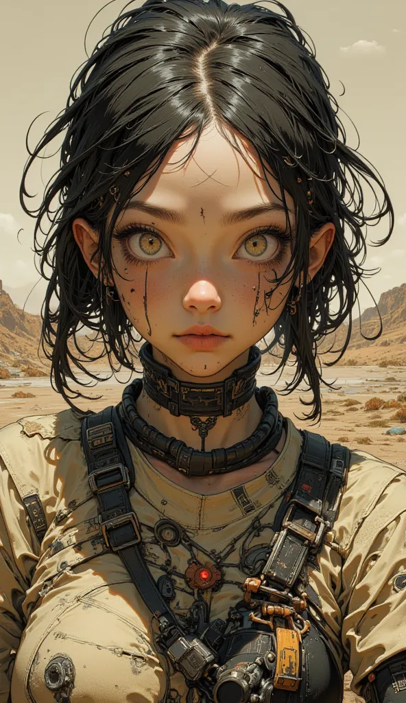 Very realistic 、High Quality Textures { x}  beautiful and delicate eyes、high image quality、Top Quality、exhaustive、 Tim Burton Style、add cyberpunk elements to the Mad Max worldview、Draw a young woman、ruined future city like a ghost、Desertification、 Violence...