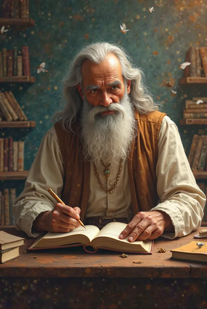 A old man who is writing a Sanskrit grammar  book and to that man should have a long beard and long hair and clothes should be old fashioned and books should fly around him and background should be peaceful 