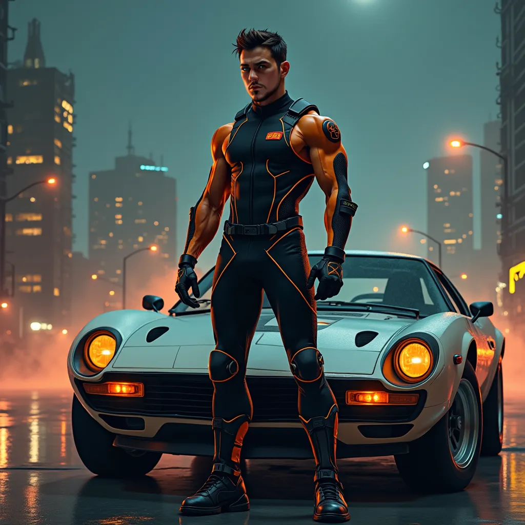 Muscular male defiant sci fi player, futuristic night city background, standing with sport car, retro-fütürist giyen, apocalypse, wearing tight spandex sports uniform in black and orange, scifi, fantasy, donnato Giancola tarafından sanat eseri, Greg Rutkow...