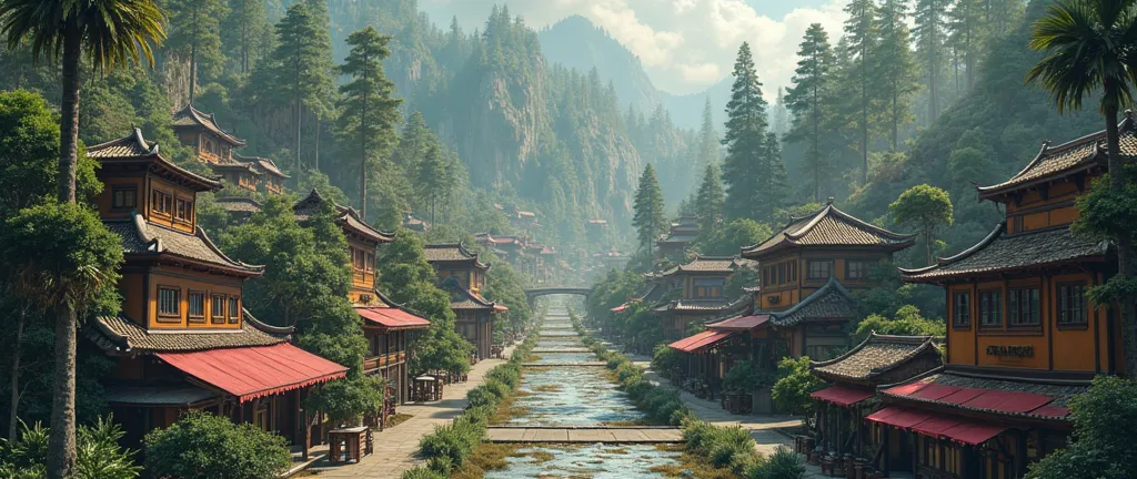 (photorealism:1.2), sidewalk-aesthetic-view of a neo-traditional Elvish blended with utopian futuristic modern large woodland city, sprawling enchanted layout, low-lying, varied businesses and homes, dry, varied forestry, tall enveloping forest, more Elvis...