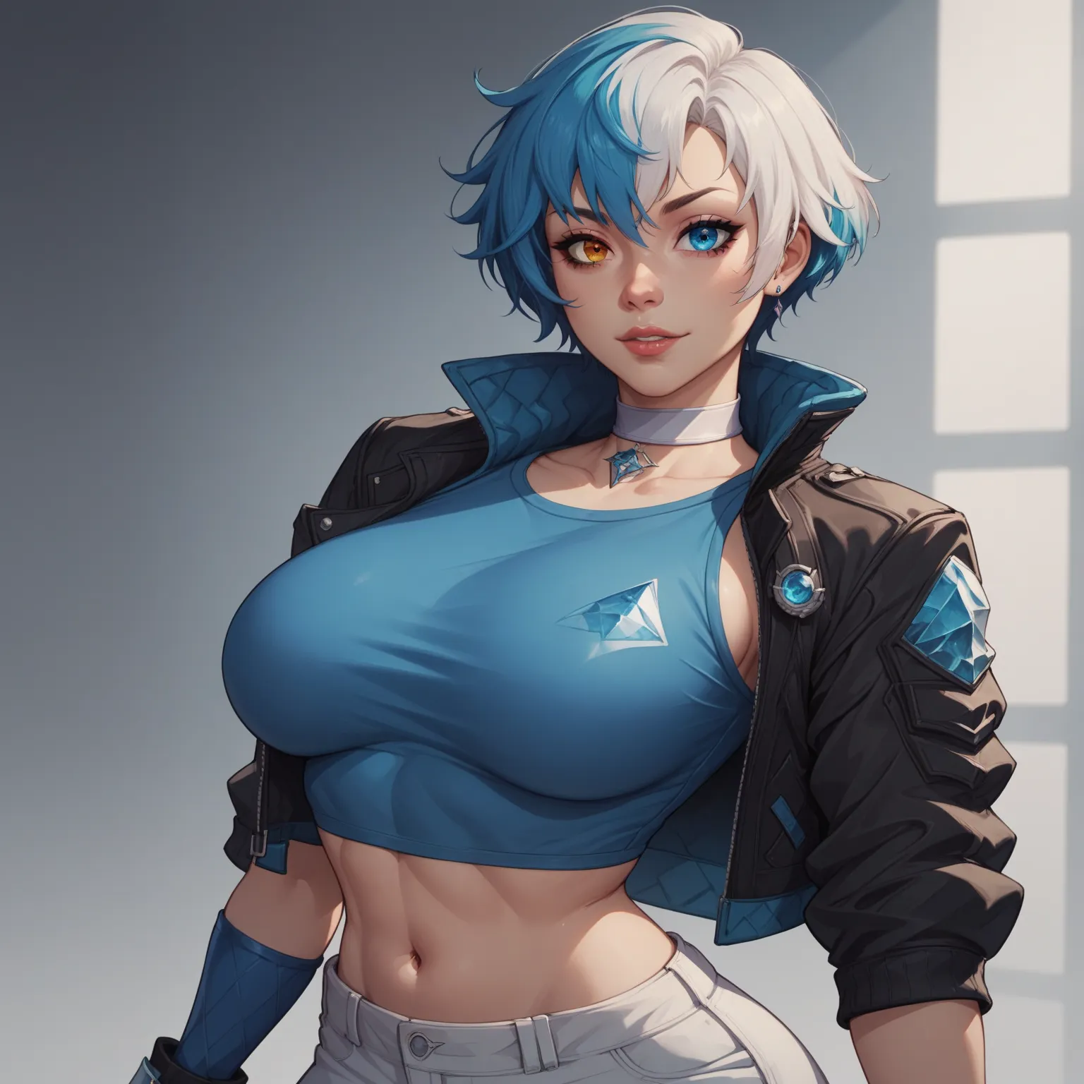 absurdres, 1girl, short hair, split-color hair, heterochromia, looking at viewer, jewelry, white choker, cropped jacket, black jacket, blue crop top, mismatched fingerless elbow gloves, single crystal glove, blue nails, midriff, white shorts,  large breast...