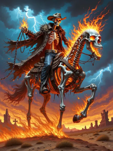 holds a burning chain whip in his hand，Cowboy wears a worn long fur coat，On top of a monster and a horse。The bridle clearly delineates the line between him and the horse，his skull is burning，has spikes on his shoulder armor，The horse is completely skull-sh...