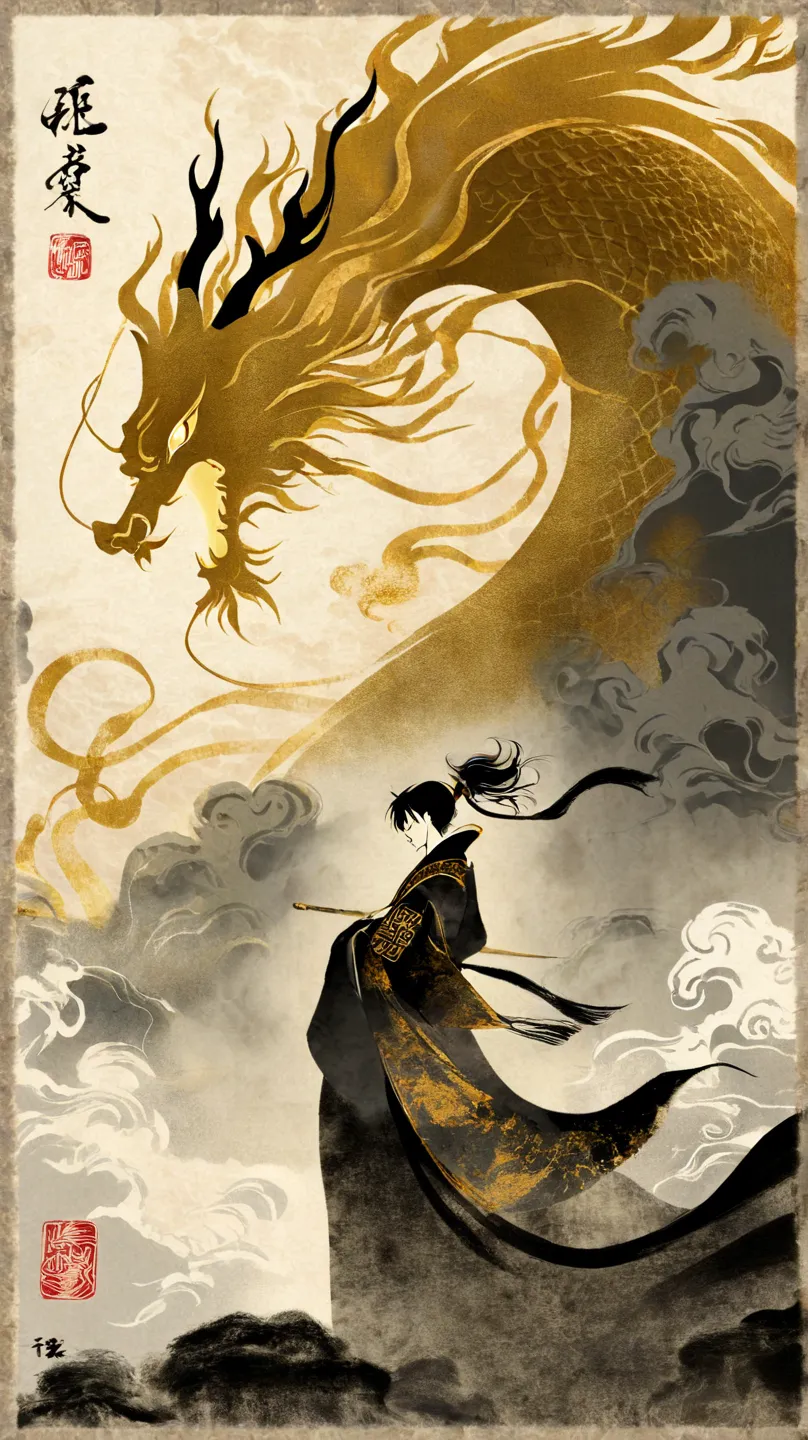 “ A breathtaking ink-style fantasy scene of an ancient Chinese warrior in flowing traditional robes standing before a massive golden dragon. The dragon, painted in dynamic brushstrokes, emerges from swirling ink clouds, its fierce eyes glowing with intensi...