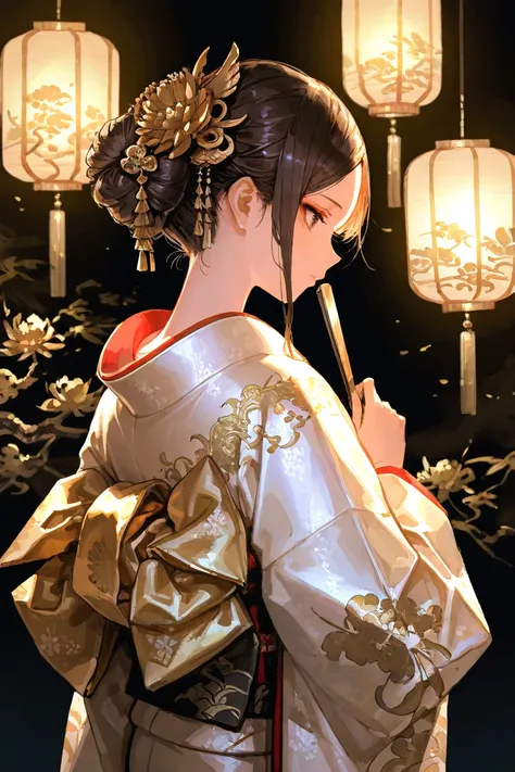 A stunning Edo-period courtesan in a luxurious Yūkaku setting, styled with an authentic Nage-Shimada hairstyle. Her forehead is fully exposed, and she has no bangs. Her hair is arranged in a high, slightly forward-tilted bun, secured with ornate tortoisesh...