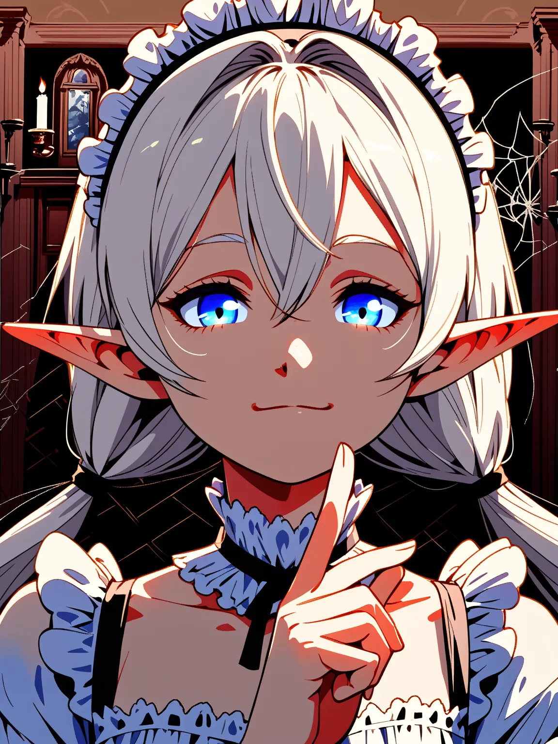 (Elf), (1 girl:1.2), perfect face, Double Pigtails,   (hair between eyes),  white hair, Blue Eyes, light smile, 
break,
portrait,  French Maid in French Maid Clothes, Head ornament, indoors, ((antique victorian mansion)), Candle holder, Covered in spider w...