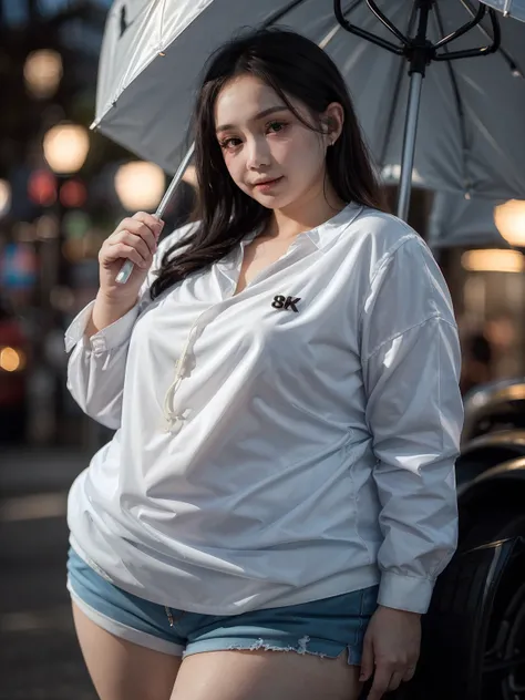 ((  soft lighting  、8k、masterpiece:1.3))、wanita voluptuous、1 girl in 、(  Slim Figure  :1.2)、(outside of house、The shirt、 shorts :1.1)、face very detailed、  lip detail  、  eye detail 、 double eyelids 、( ship:1.2)、Umbrella、 full-bodylesbian 、pose、