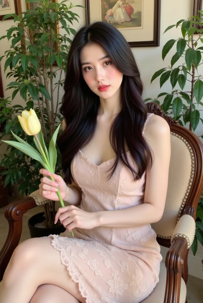 a woman sitting on a chair with elegant style. She wore a light pink lace dress and held a light yellow tulip in her hand. The background has many green trees and wall paintings, creating a gentle, sophisticated space. The exterior and interior have a clas...