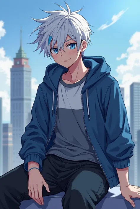 Anime style, 19 year old male, has two blue Eyes, in his left eye he has an X for a pupil, he has white hair with a blue streak in it, he wears black sweatpants and a block T-shirt, he has a blue jacket that isnt zipped up, he is sitting on an edge of a bu...