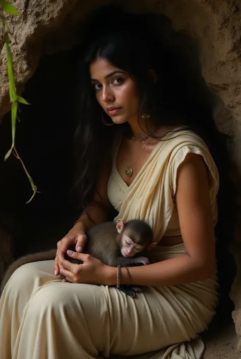 photo of a Beautiful Indian Woman with white Skin, Wearing a low cut (any colour)saree without blouse chubby navel exposed and is inside a cave, she's tired and her saree is torn,there's a baby monkey sleeping on her laps 