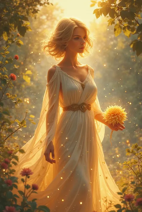 create an image of The Goddess of Sunbeams and Lullabies who looks 20. her hair is short wavy. her skin color is tan. she have a radiant yet soothing presence, blending warmth and serenity. She might have golden, flowing hair that shimmers like sunlight fi...