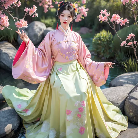 (Hanfu),(Chinese clothes),((Floral)),(( pink/  yellow/green/white/red/Chinese style shirt with black print)),(( pink/  yellow/green/white/red/long skirt with black print)),1 girl,full body,( short hair),(realistic:1.7),((best quality)),Absard Dress,(super ...