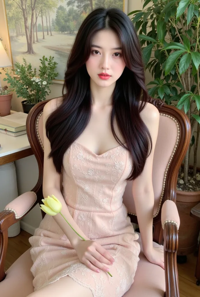 a woman sitting on a chair with elegant style. She wore a light pink lace dress and held a light yellow tulip in her hand. The background has many green trees and wall paintings, creating a gentle, sophisticated space. The exterior and interior have a clas...