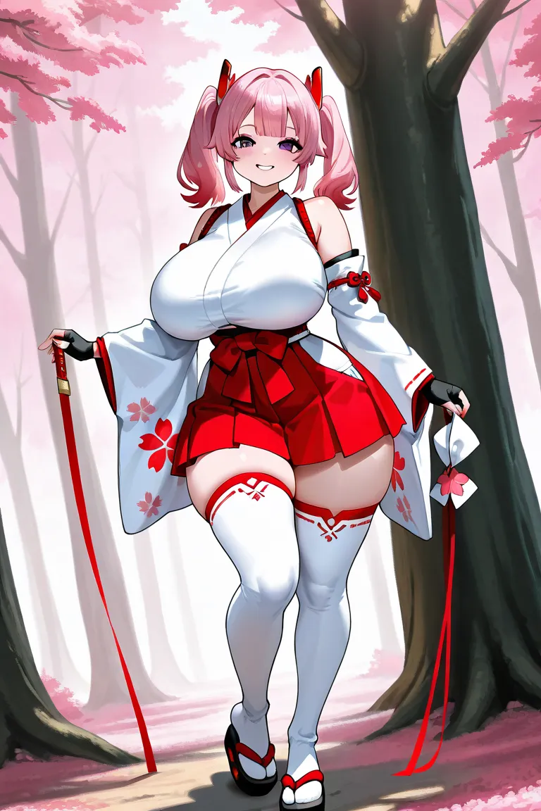 1 girl, with a (pretty face),huge breasts, slim waist , wide hips, huge butt, purple eyes,(long pink twintail hair),(pink bangs),(white kimono with red accents and cherry blossom patterns),(short red hakama skirt with cherry blossom patterns),(white detach...