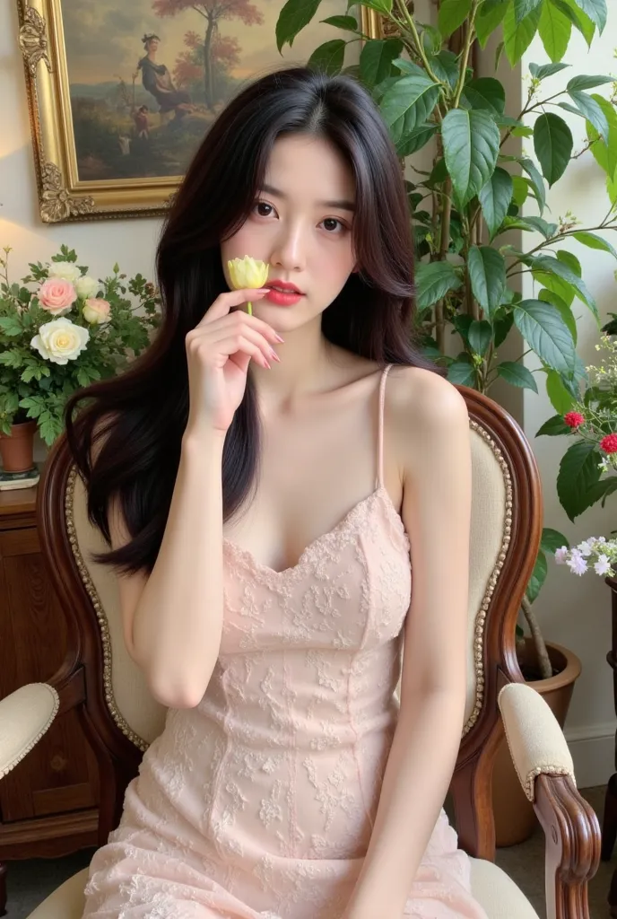 a woman sitting on a chair with elegant style. She wore a light pink lace dress and held a light yellow tulip in her hand. The background has many green trees and wall paintings, creating a gentle, sophisticated space. The exterior and interior have a clas...