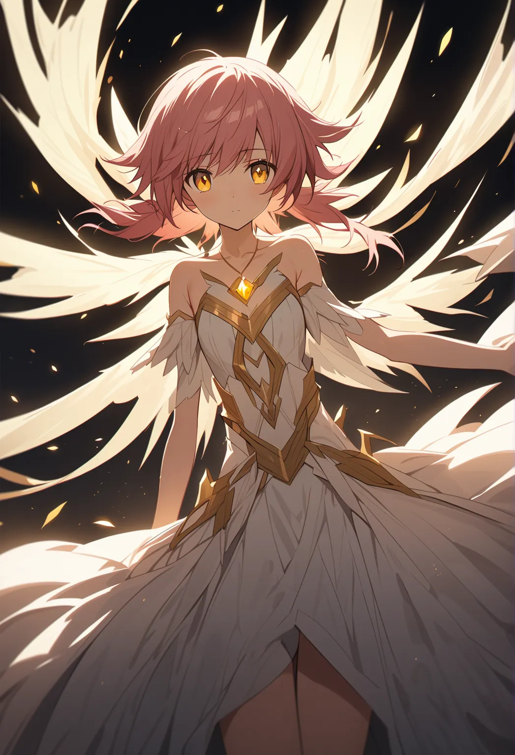 One girl, Mahou Shoujo Madoka Magica, Madoka, Ultimate Madoka, Goddess Madoka, rose_hair, ong_hair_with_short_twintails, (Very fine grain:1.37), yellow eyes, (Diamond shaped iris:1.5), ,