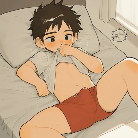 short hair, source_ furry, hadrian , furry male， elementary school students，Cubs，((boy  )),  The boy with his sideburns，white shirt， Shorts， spread legs， charming posture ，Lift up  the shirt with your mouth, lying on her side, on a bed，The body is very hot...